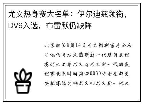 尤文热身赛大名单：伊尔迪兹领衔，DV9入选，布雷默仍缺阵